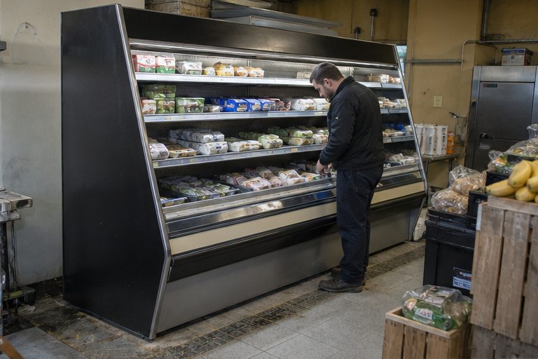 Иллюстрация: проверка открытой холодильной горки в небольшом магазине